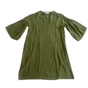 Erica Tanov 100% Silk Green Dress Bell Sleeve Shift Fit Luxury Size 1 2-4 Womens